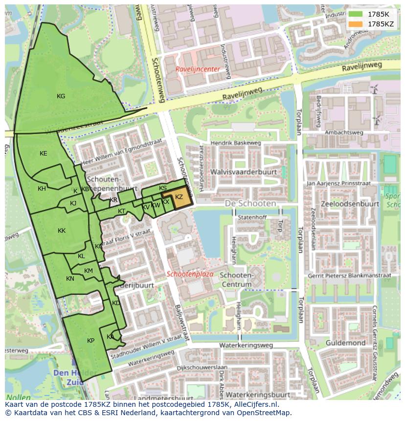 Afbeelding van het postcodegebied 1785 KZ op de kaart.