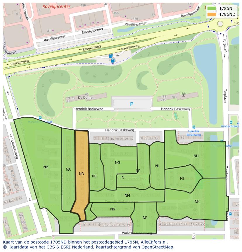 Afbeelding van het postcodegebied 1785 ND op de kaart.
