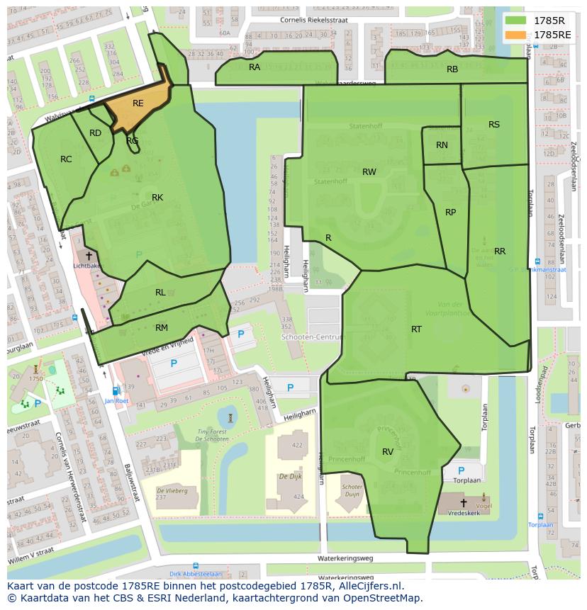 Afbeelding van het postcodegebied 1785 RE op de kaart.