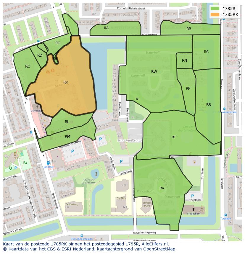 Afbeelding van het postcodegebied 1785 RK op de kaart.