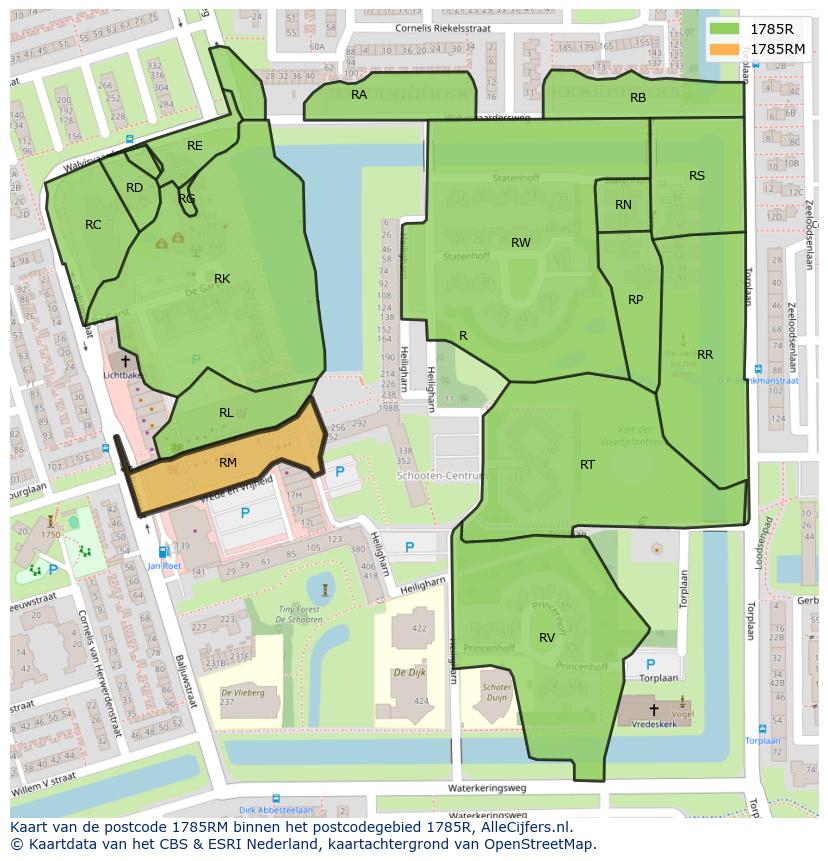 Afbeelding van het postcodegebied 1785 RM op de kaart.