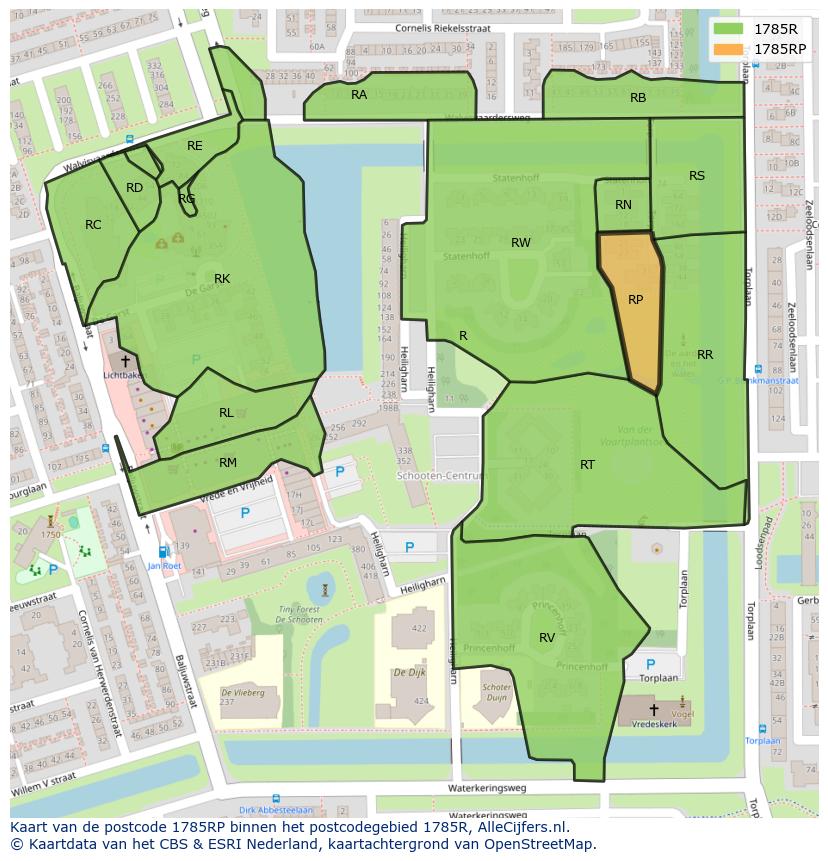 Afbeelding van het postcodegebied 1785 RP op de kaart.
