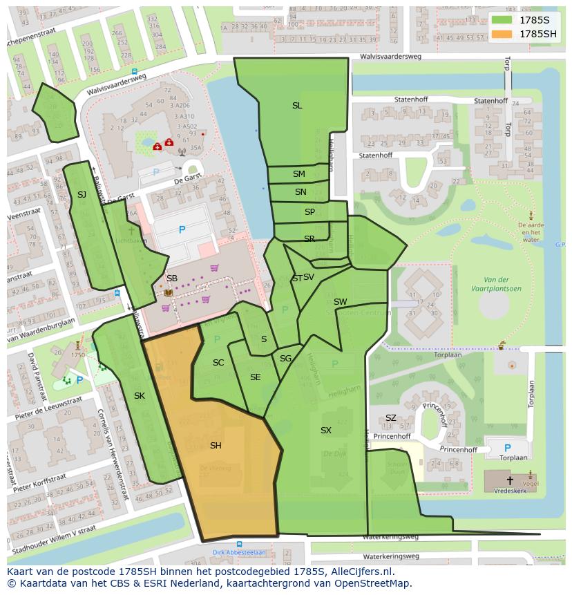 Afbeelding van het postcodegebied 1785 SH op de kaart.