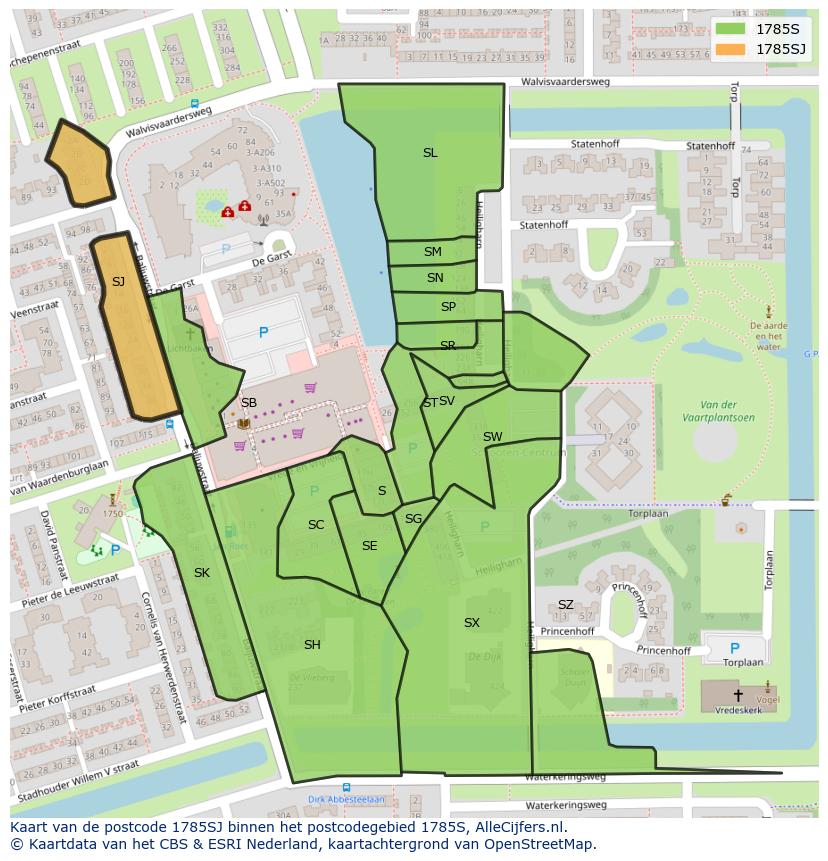 Afbeelding van het postcodegebied 1785 SJ op de kaart.