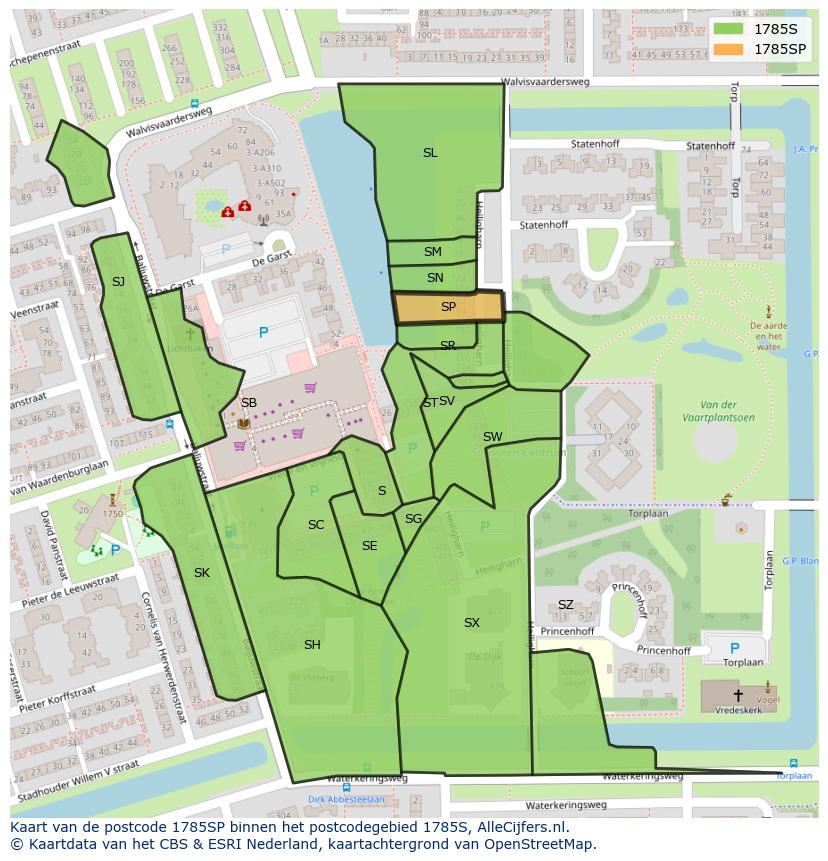 Afbeelding van het postcodegebied 1785 SP op de kaart.
