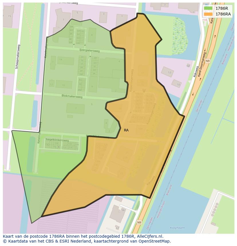 Afbeelding van het postcodegebied 1786 RA op de kaart.