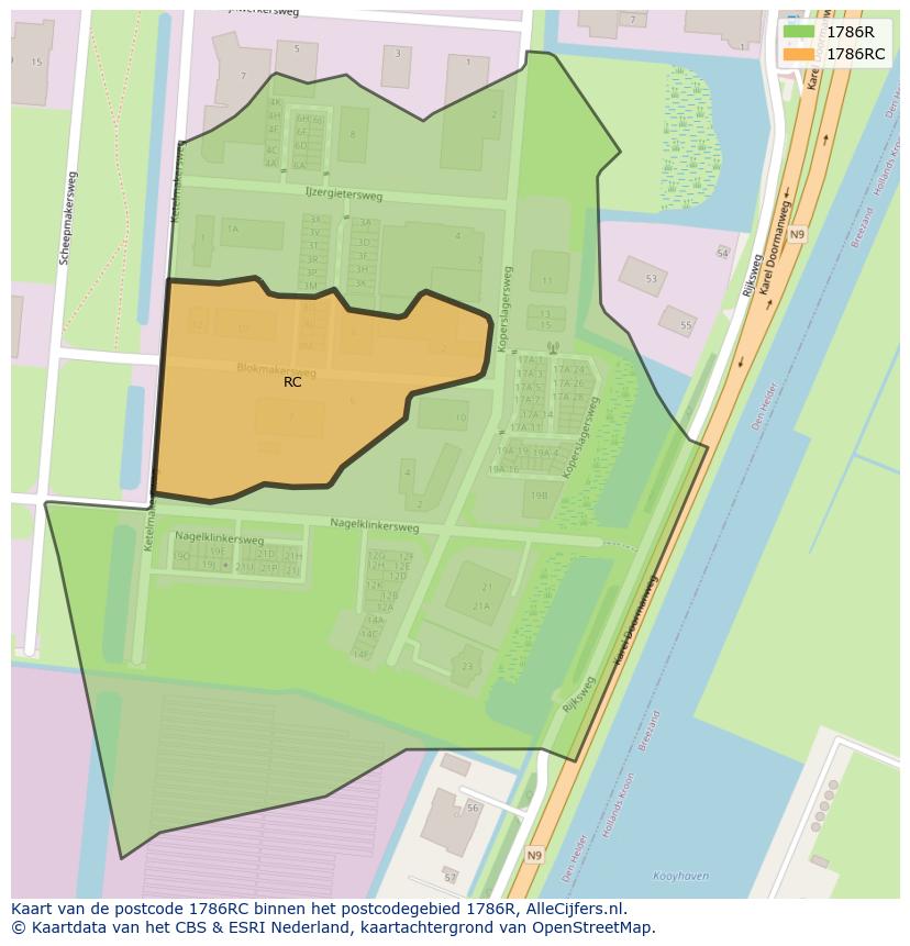 Afbeelding van het postcodegebied 1786 RC op de kaart.