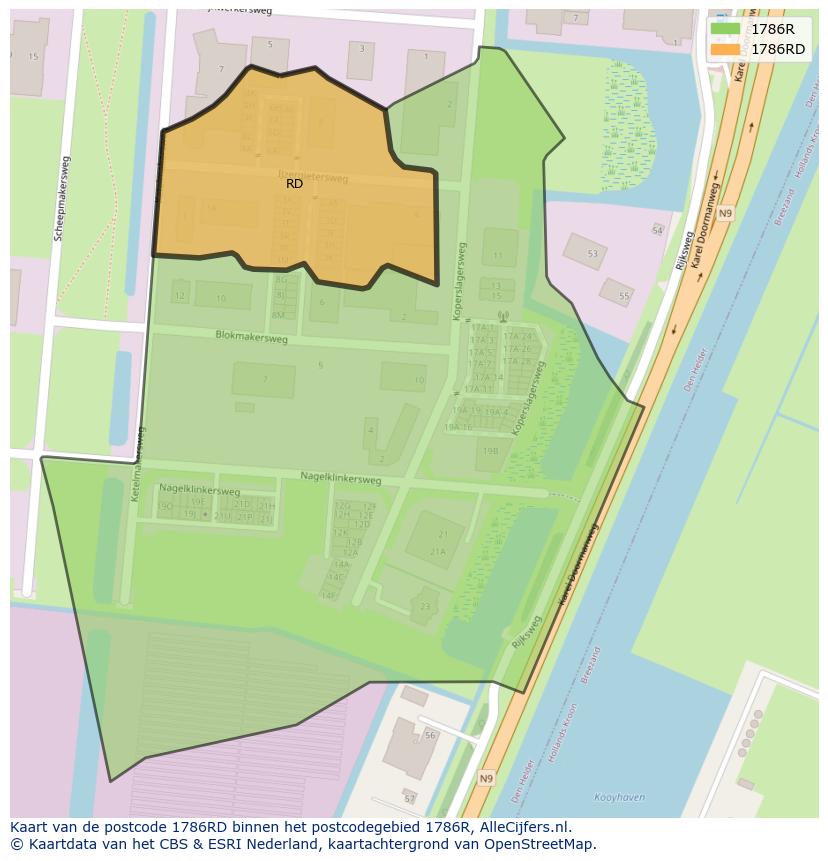 Afbeelding van het postcodegebied 1786 RD op de kaart.