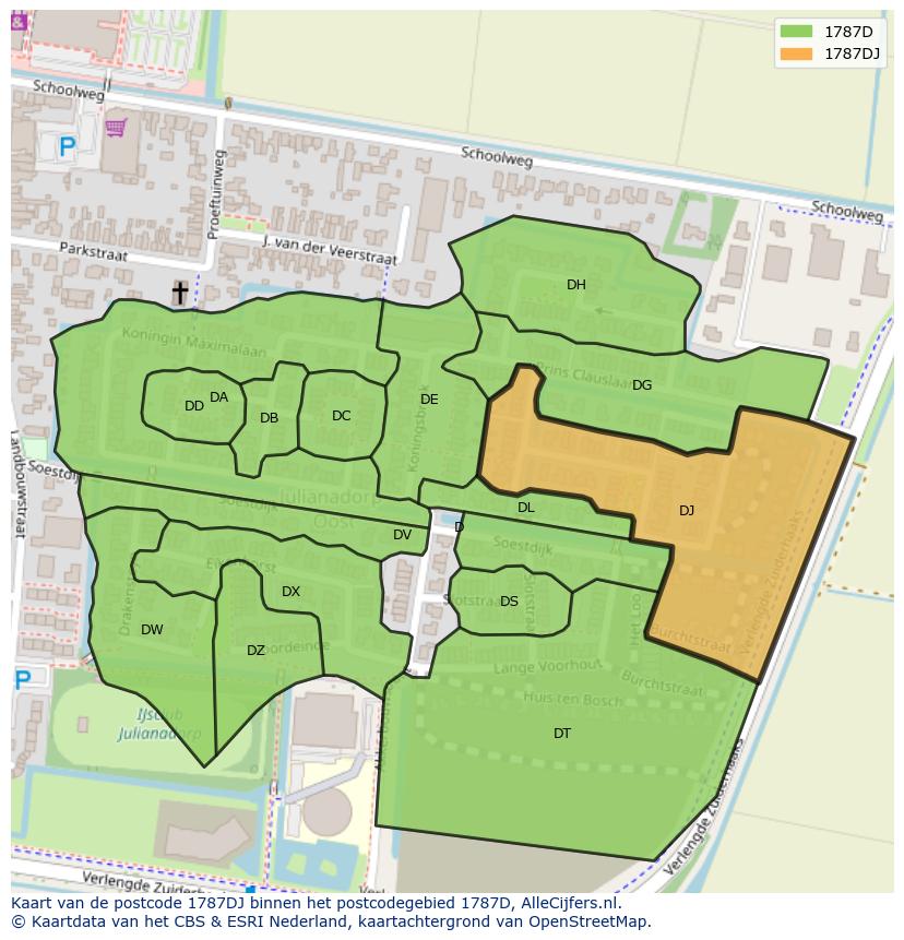Afbeelding van het postcodegebied 1787 DJ op de kaart.