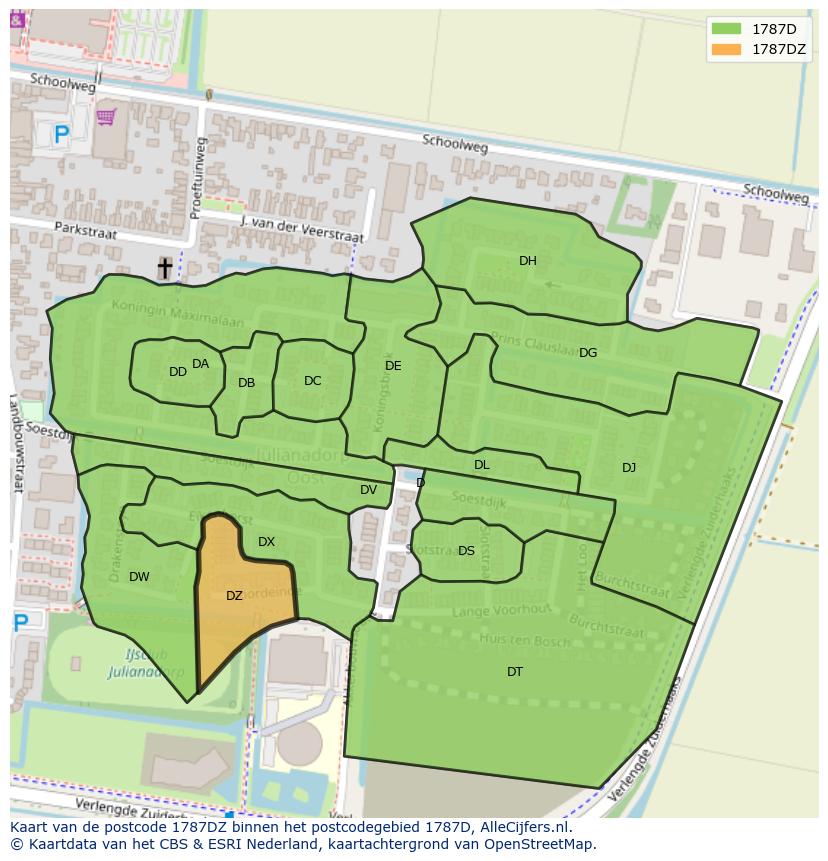 Afbeelding van het postcodegebied 1787 DZ op de kaart.