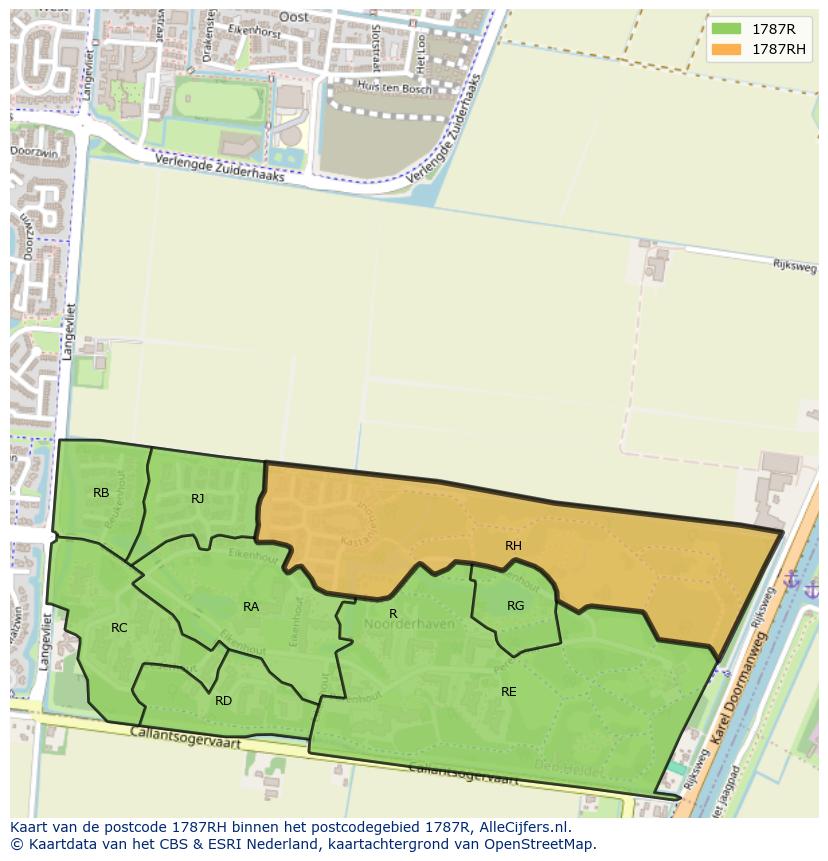 Afbeelding van het postcodegebied 1787 RH op de kaart.