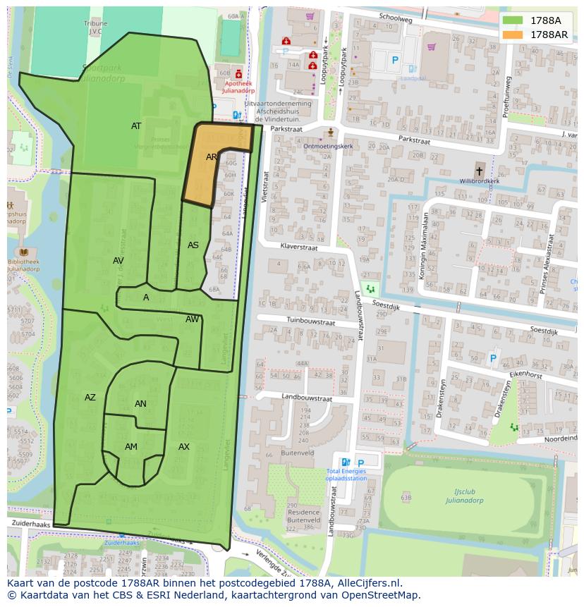 Afbeelding van het postcodegebied 1788 AR op de kaart.