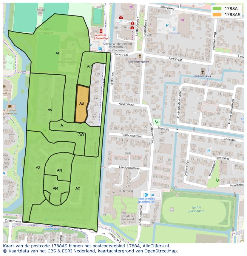 Afbeelding van het postcodegebied 1788 AS op de kaart.