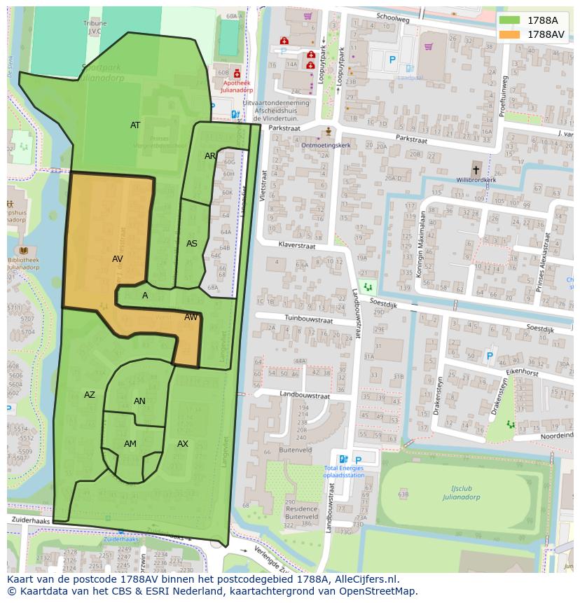 Afbeelding van het postcodegebied 1788 AV op de kaart.