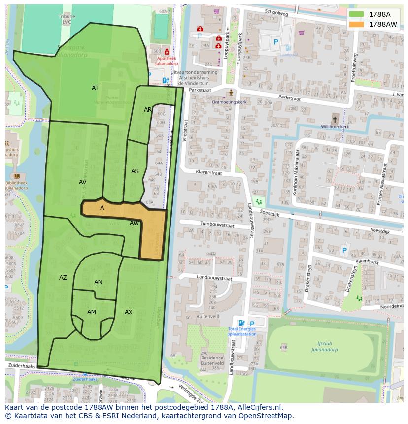 Afbeelding van het postcodegebied 1788 AW op de kaart.