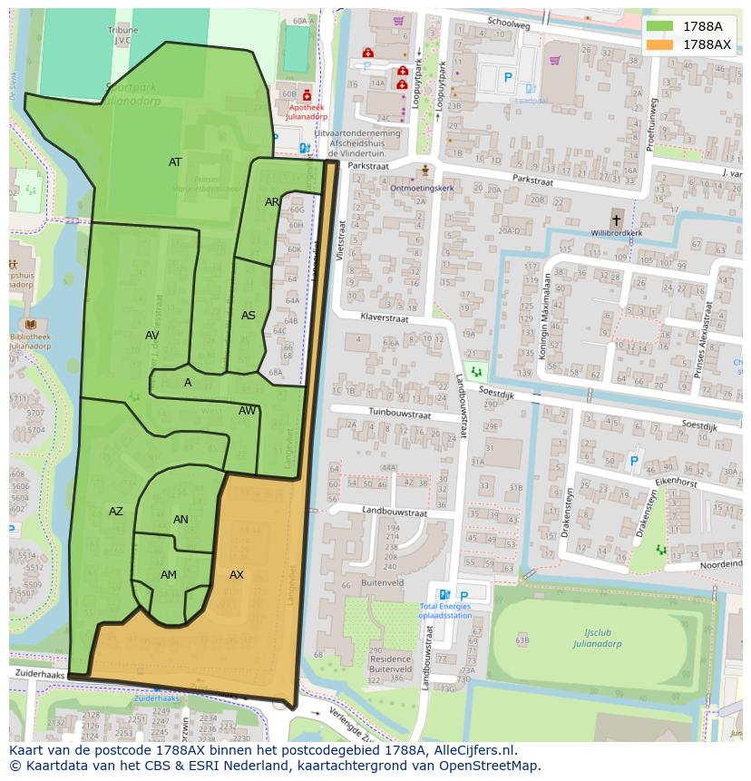Afbeelding van het postcodegebied 1788 AX op de kaart.