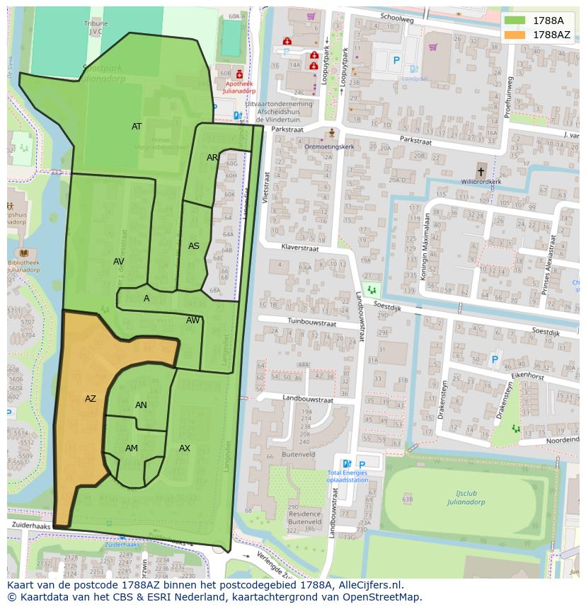 Afbeelding van het postcodegebied 1788 AZ op de kaart.
