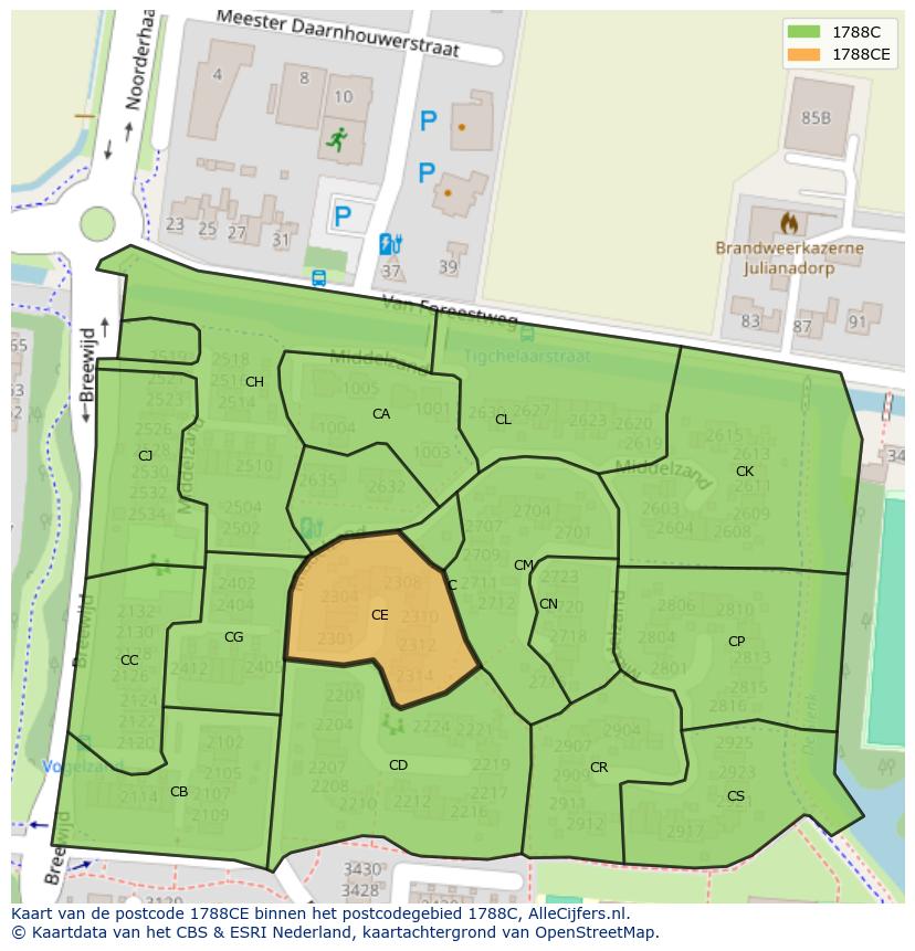 Afbeelding van het postcodegebied 1788 CE op de kaart.