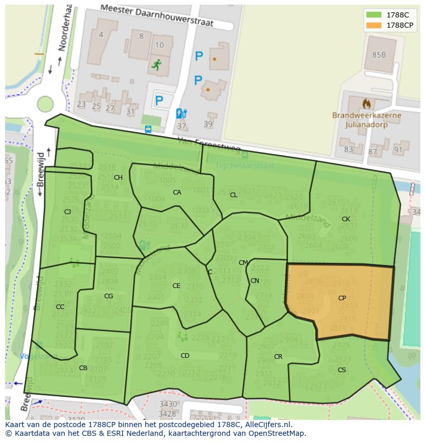 Afbeelding van het postcodegebied 1788 CP op de kaart.