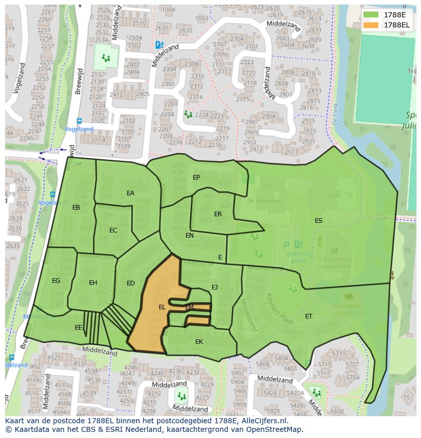 Afbeelding van het postcodegebied 1788 EL op de kaart.