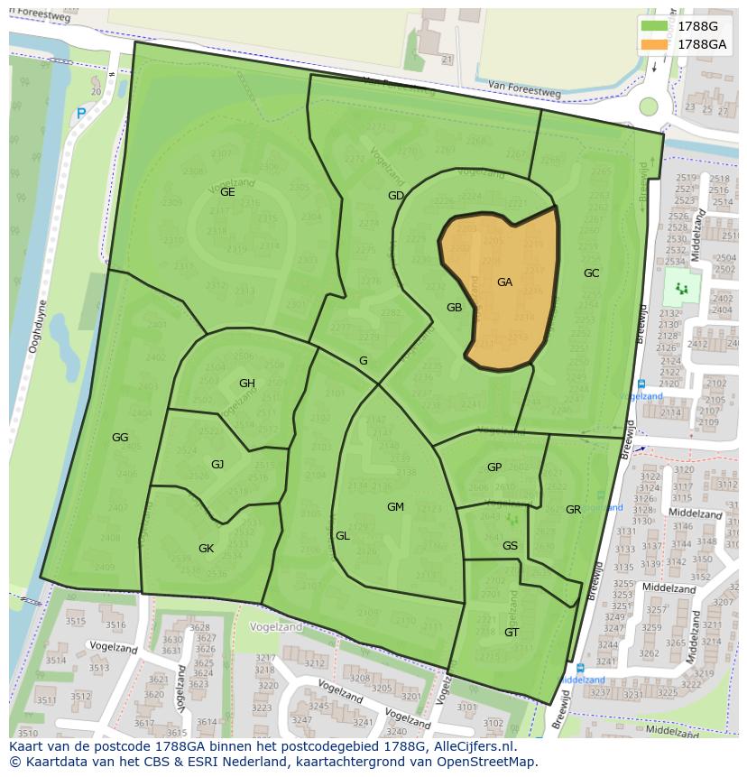 Afbeelding van het postcodegebied 1788 GA op de kaart.