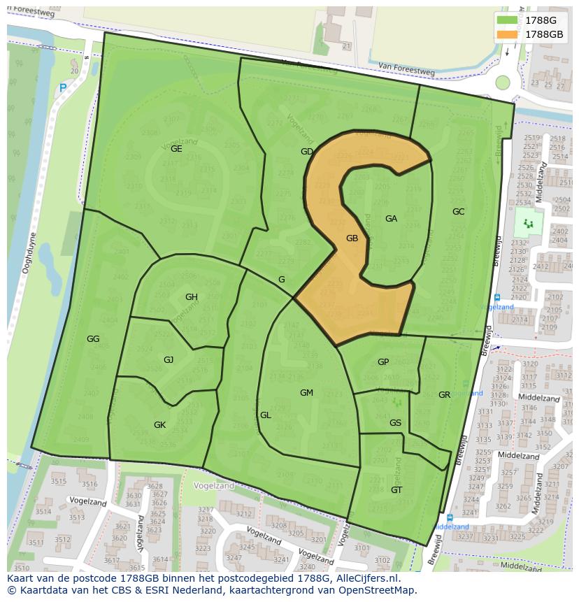 Afbeelding van het postcodegebied 1788 GB op de kaart.