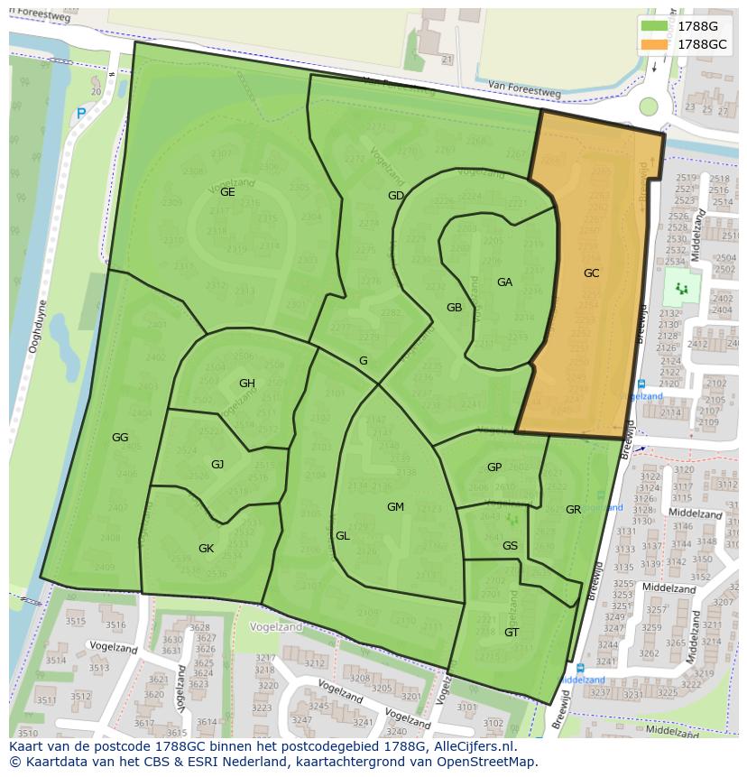 Afbeelding van het postcodegebied 1788 GC op de kaart.