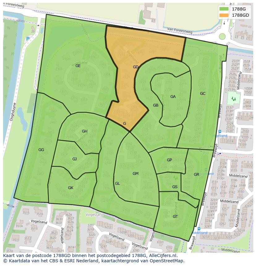 Afbeelding van het postcodegebied 1788 GD op de kaart.