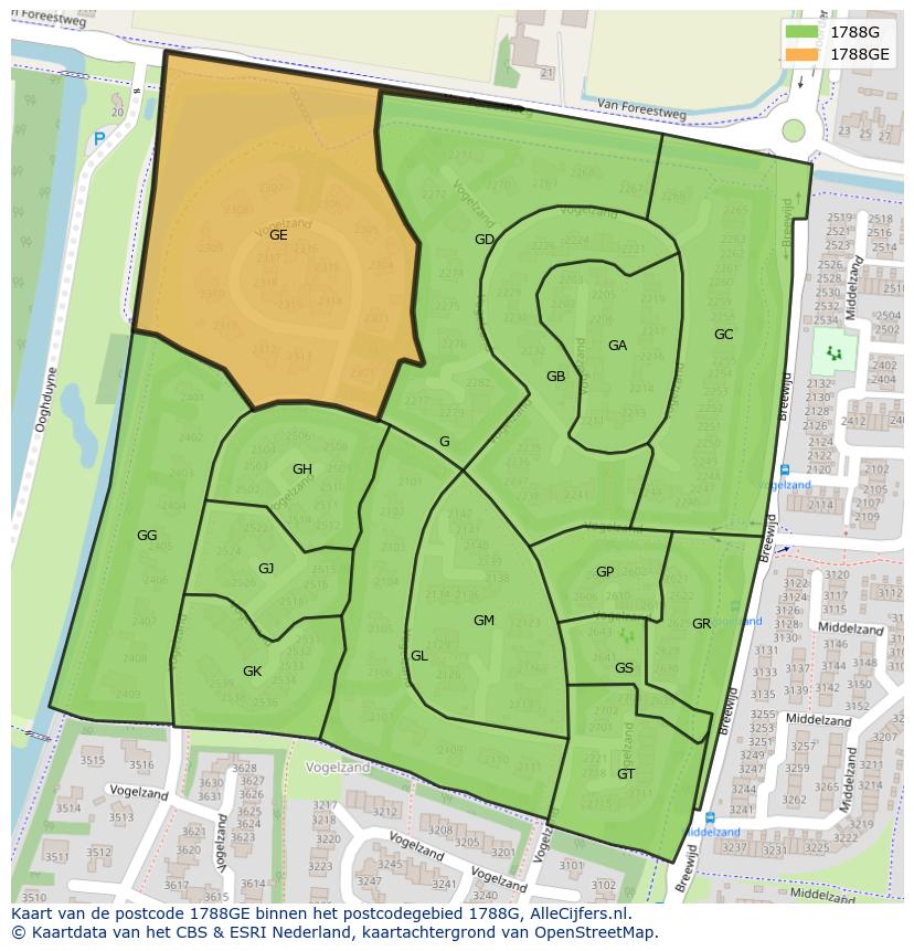 Afbeelding van het postcodegebied 1788 GE op de kaart.