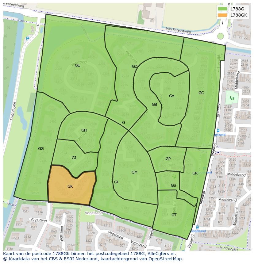 Afbeelding van het postcodegebied 1788 GK op de kaart.