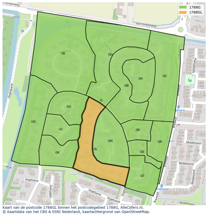 Afbeelding van het postcodegebied 1788 GL op de kaart.