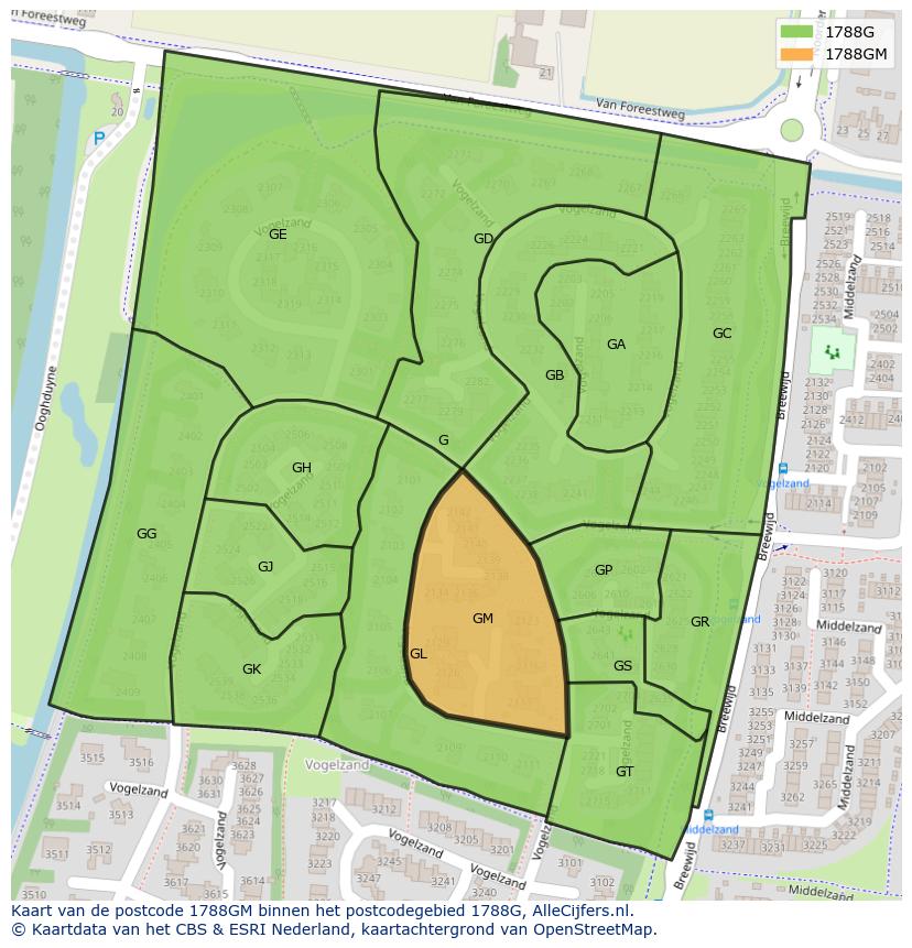 Afbeelding van het postcodegebied 1788 GM op de kaart.