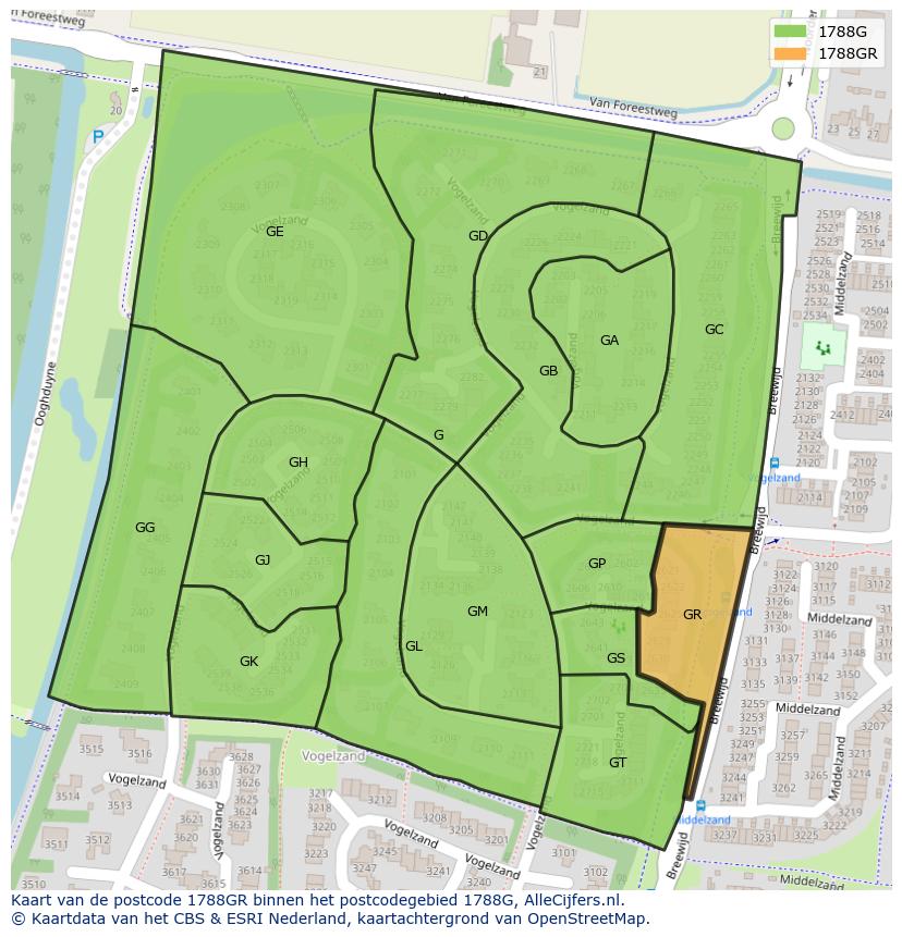 Afbeelding van het postcodegebied 1788 GR op de kaart.