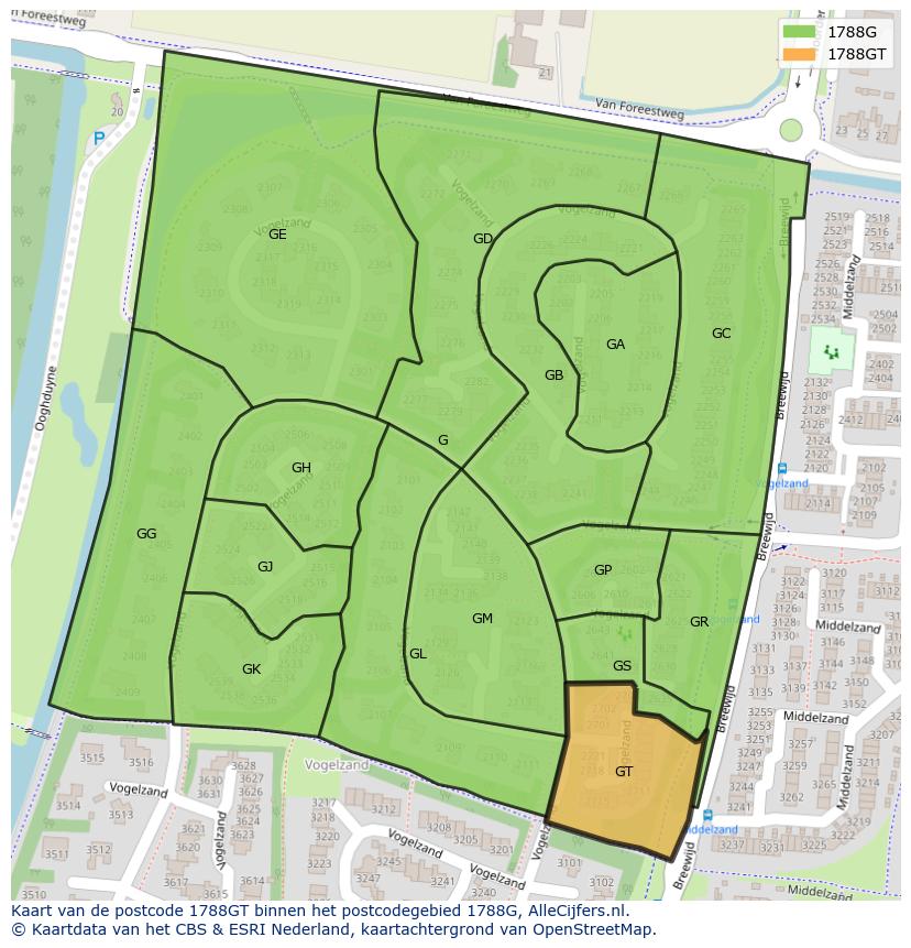 Afbeelding van het postcodegebied 1788 GT op de kaart.