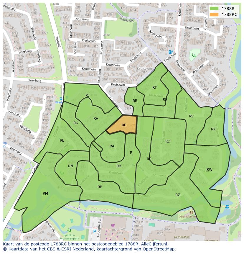 Afbeelding van het postcodegebied 1788 RC op de kaart.