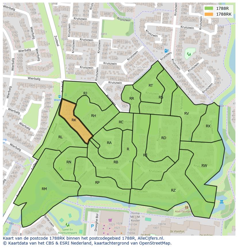 Afbeelding van het postcodegebied 1788 RK op de kaart.