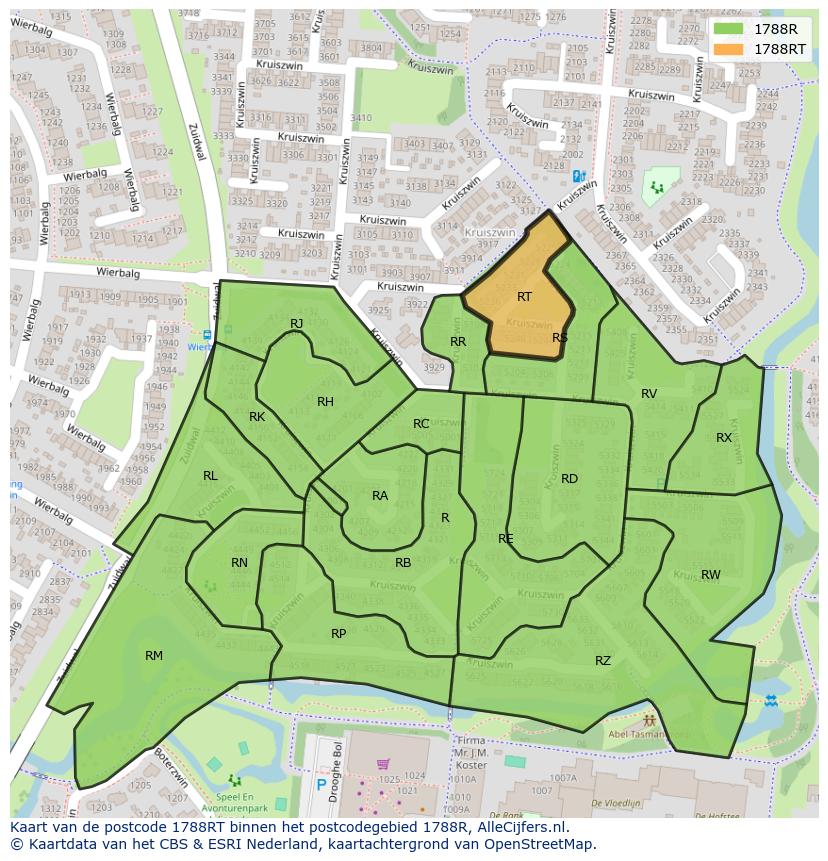 Afbeelding van het postcodegebied 1788 RT op de kaart.