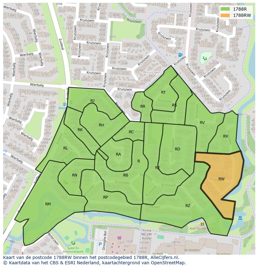 Afbeelding van het postcodegebied 1788 RW op de kaart.