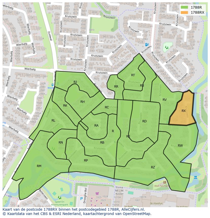 Afbeelding van het postcodegebied 1788 RX op de kaart.