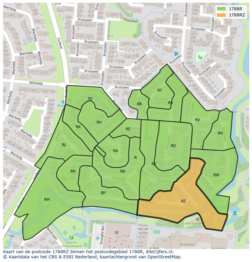 Afbeelding van het postcodegebied 1788 RZ op de kaart.