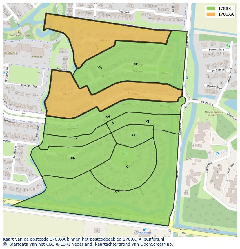 Afbeelding van het postcodegebied 1788 XA op de kaart.