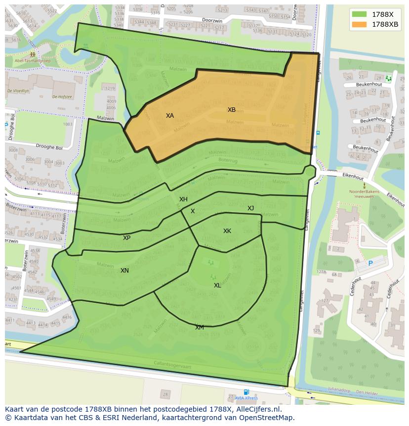 Afbeelding van het postcodegebied 1788 XB op de kaart.