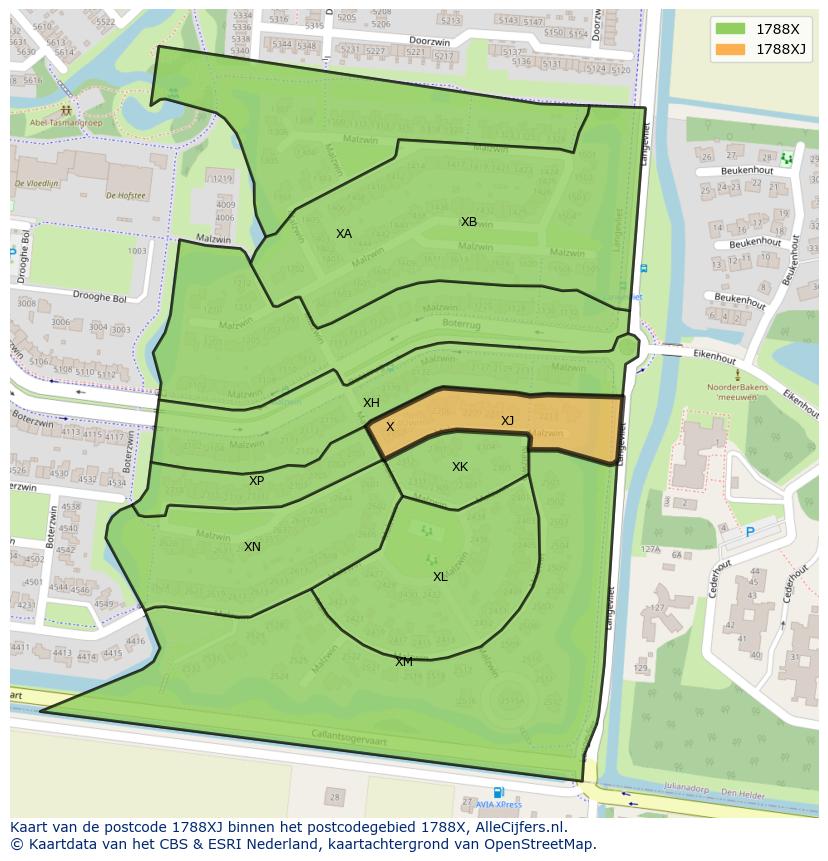 Afbeelding van het postcodegebied 1788 XJ op de kaart.