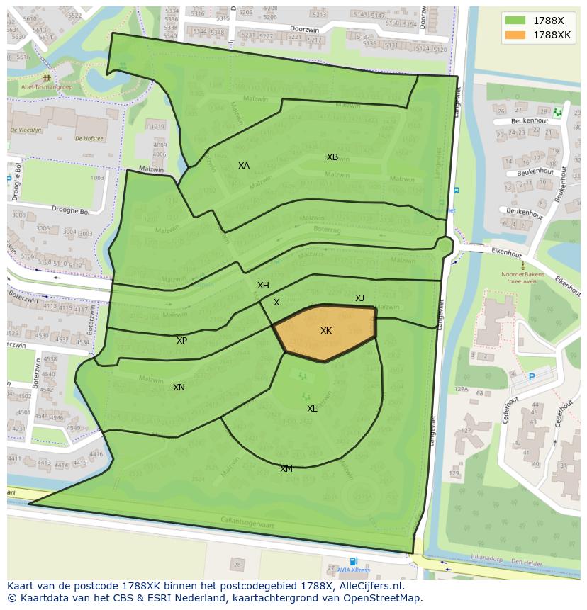 Afbeelding van het postcodegebied 1788 XK op de kaart.