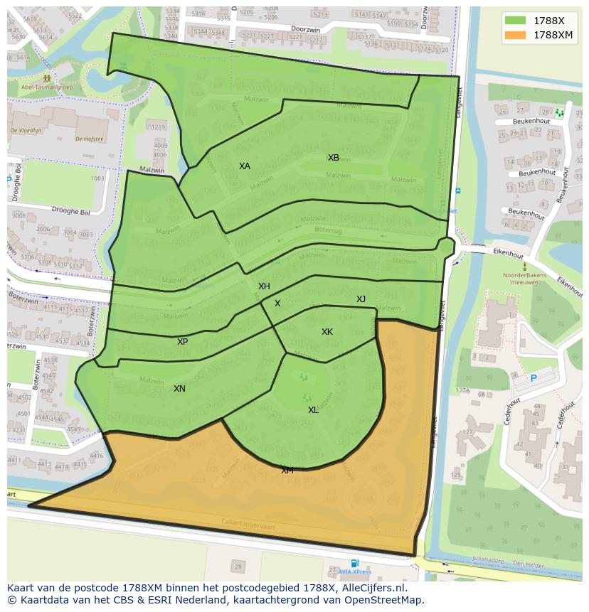 Afbeelding van het postcodegebied 1788 XM op de kaart.