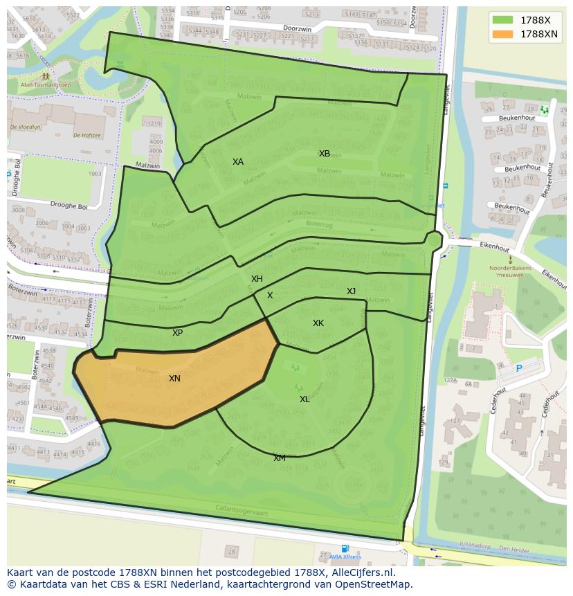 Afbeelding van het postcodegebied 1788 XN op de kaart.