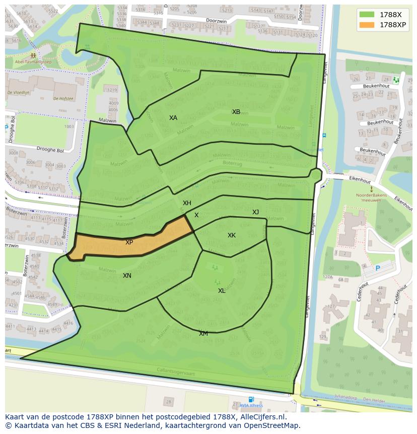 Afbeelding van het postcodegebied 1788 XP op de kaart.