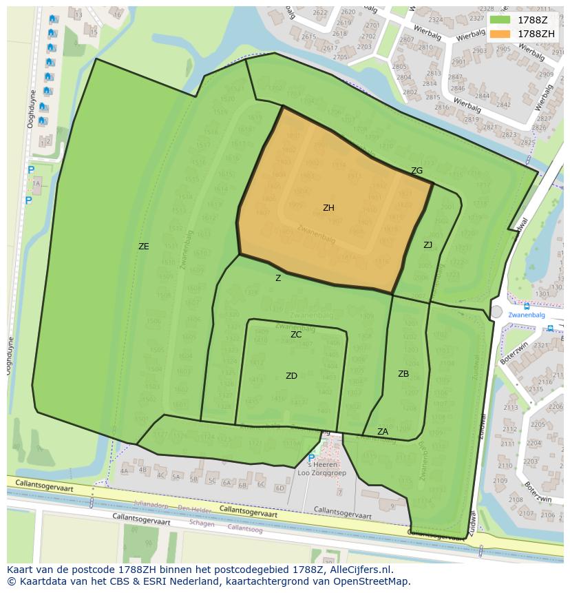 Afbeelding van het postcodegebied 1788 ZH op de kaart.