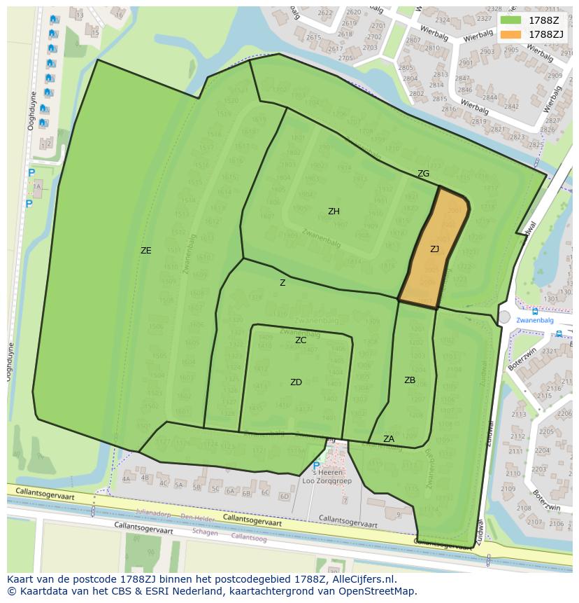 Afbeelding van het postcodegebied 1788 ZJ op de kaart.