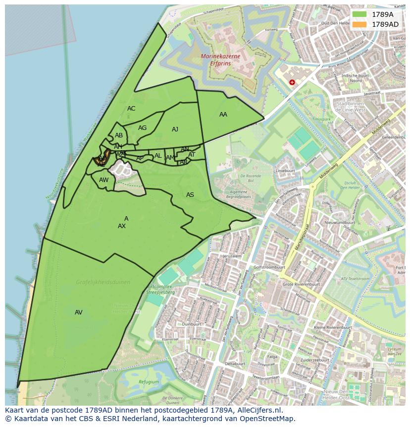 Afbeelding van het postcodegebied 1789 AD op de kaart.